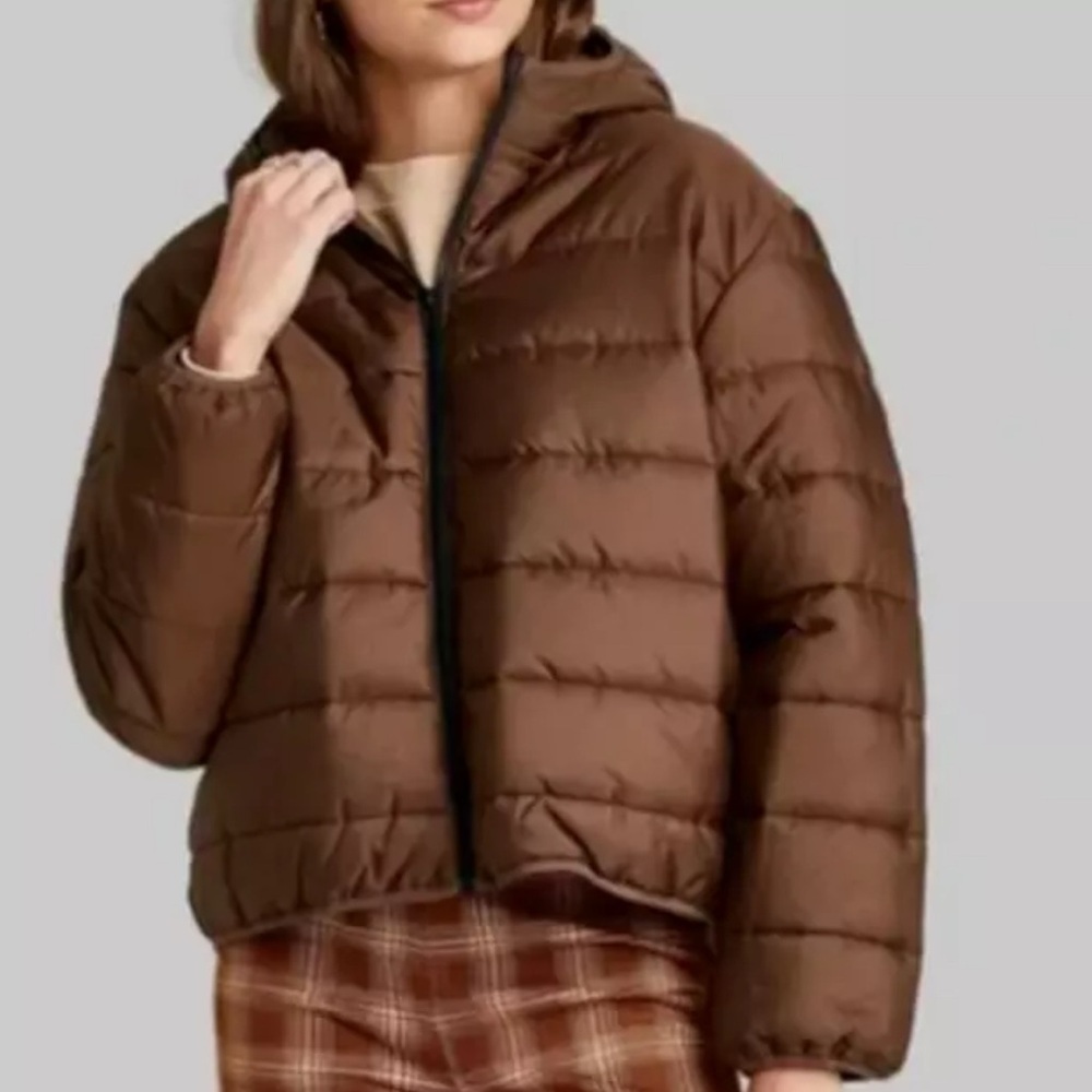 Wild Fable Women's Hooded Puffer Jacket Brown Size XS
